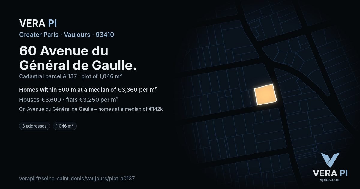 60 Avenue du Général de Gaulle, Vaujours at night – the plot lit, the parcels around coloured by the prices near them