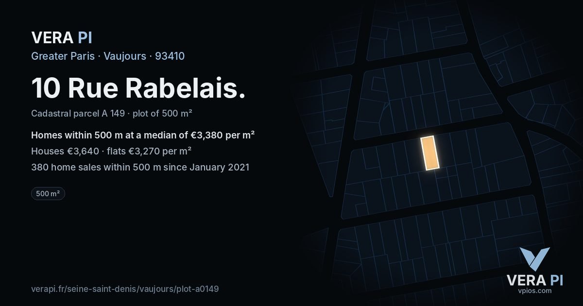 10 Rue Rabelais, Vaujours at night – the plot lit, the parcels around coloured by the prices near them
