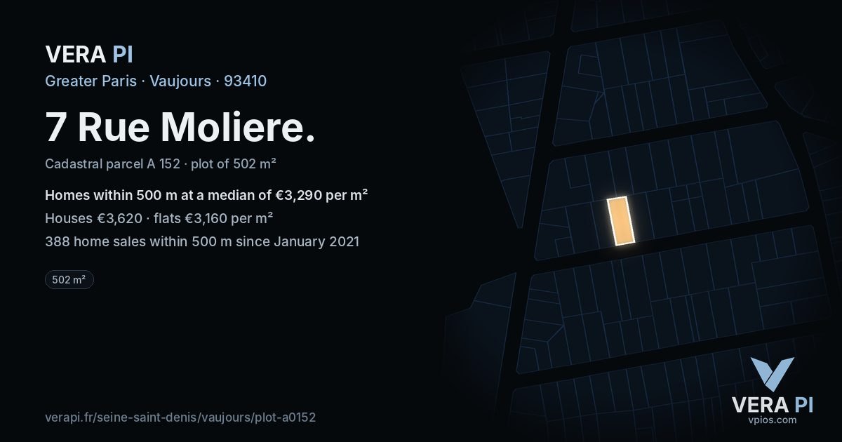7 Rue Moliere, Vaujours at night – the plot lit, the parcels around coloured by the prices near them