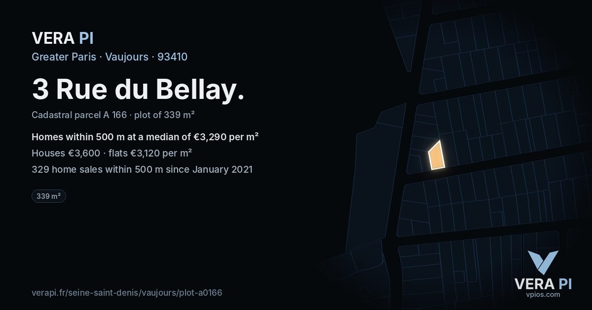 3 Rue du Bellay, Vaujours at night – the plot lit, the parcels around coloured by the prices near them