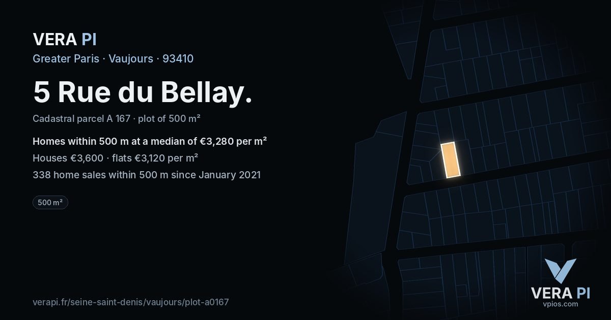 5 Rue du Bellay, Vaujours at night – the plot lit, the parcels around coloured by the prices near them
