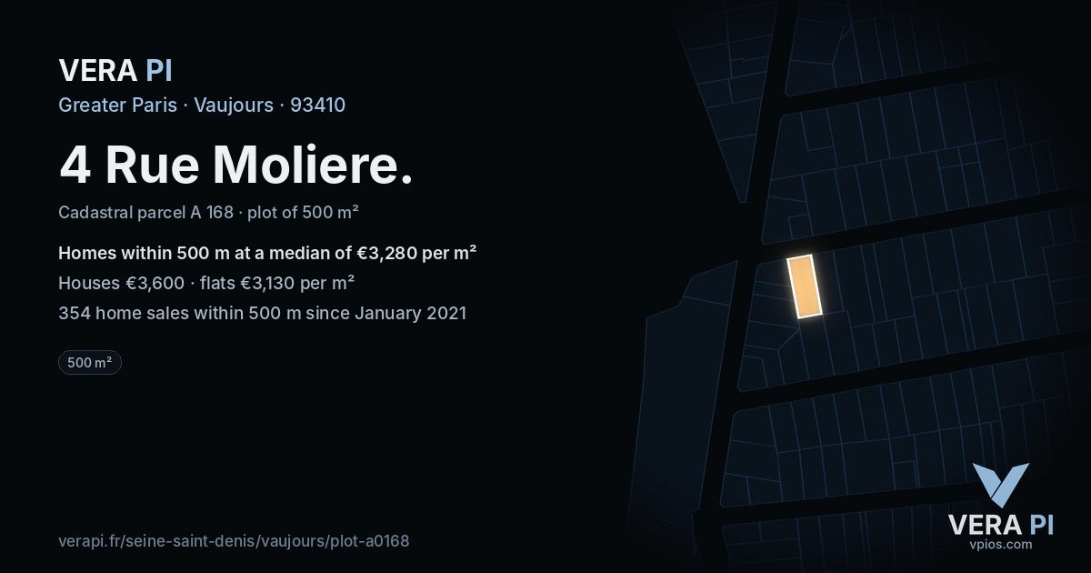 4 Rue Moliere, Vaujours at night – the plot lit, the parcels around coloured by the prices near them