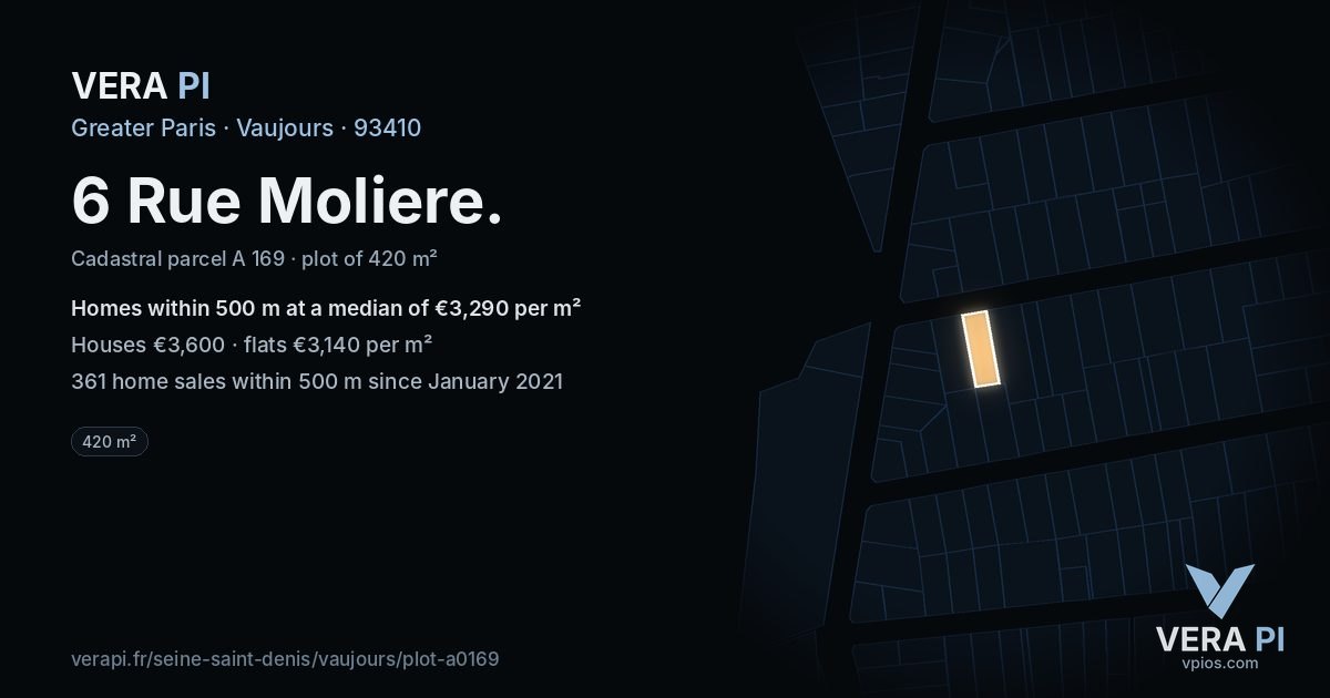 6 Rue Moliere, Vaujours at night – the plot lit, the parcels around coloured by the prices near them