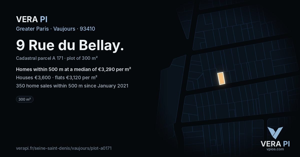 9 Rue du Bellay, Vaujours at night – the plot lit, the parcels around coloured by the prices near them