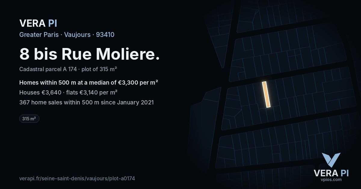 8 bis Rue Moliere, Vaujours at night – the plot lit, the parcels around coloured by the prices near them