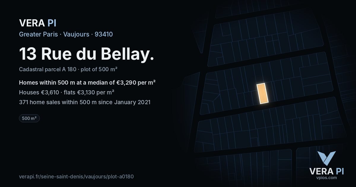 13 Rue du Bellay, Vaujours at night – the plot lit, the parcels around coloured by the prices near them
