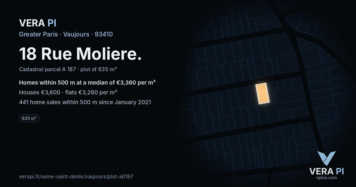 18 Rue Moliere, Vaujours at night – the plot lit, the parcels around coloured by the prices near them