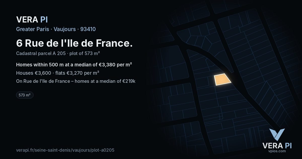 6 Rue de l'Ile de France, Vaujours at night – the plot lit, the parcels around coloured by the prices near them