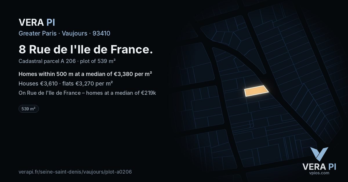 8 Rue de l'Ile de France, Vaujours at night – the plot lit, the parcels around coloured by the prices near them