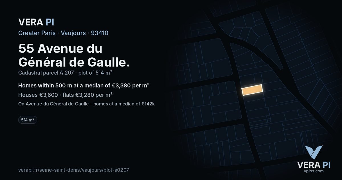55 Avenue du Général de Gaulle, Vaujours at night – the plot lit, the parcels around coloured by the prices near them