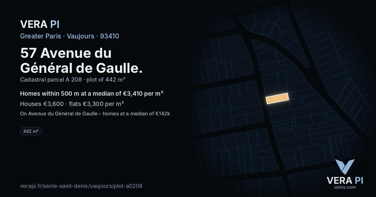 57 Avenue du Général de Gaulle, Vaujours at night – the plot lit, the parcels around coloured by the prices near them