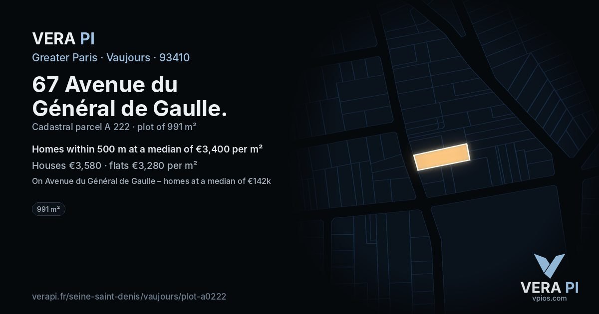 67 Avenue du Général de Gaulle, Vaujours at night – the plot lit, the parcels around coloured by the prices near them