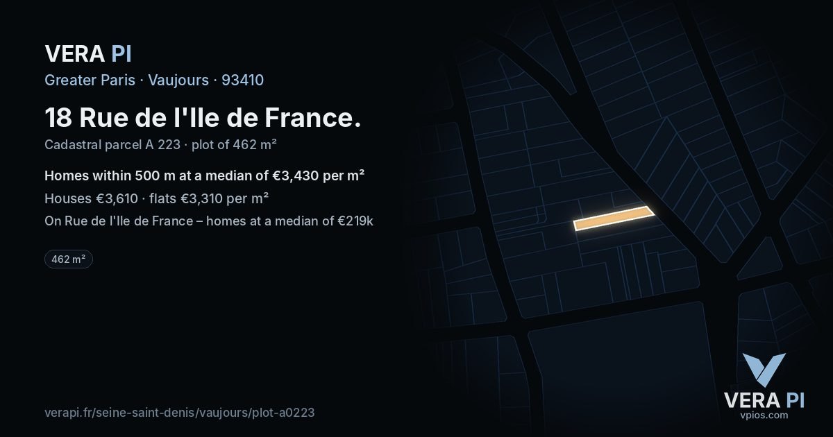 18 Rue de l'Ile de France, Vaujours at night – the plot lit, the parcels around coloured by the prices near them