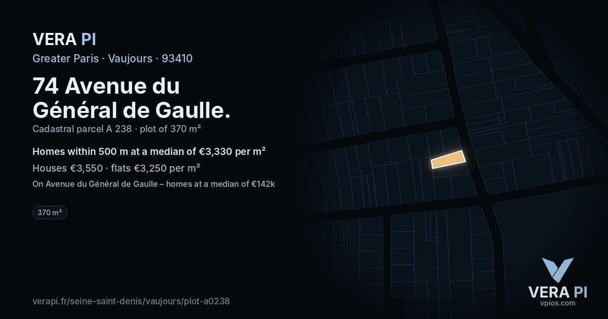 74 Avenue du Général de Gaulle, Vaujours at night – the plot lit, the parcels around coloured by the prices near them