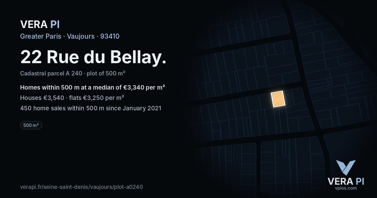 22 Rue du Bellay, Vaujours at night – the plot lit, the parcels around coloured by the prices near them