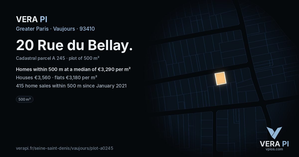 20 Rue du Bellay, Vaujours at night – the plot lit, the parcels around coloured by the prices near them