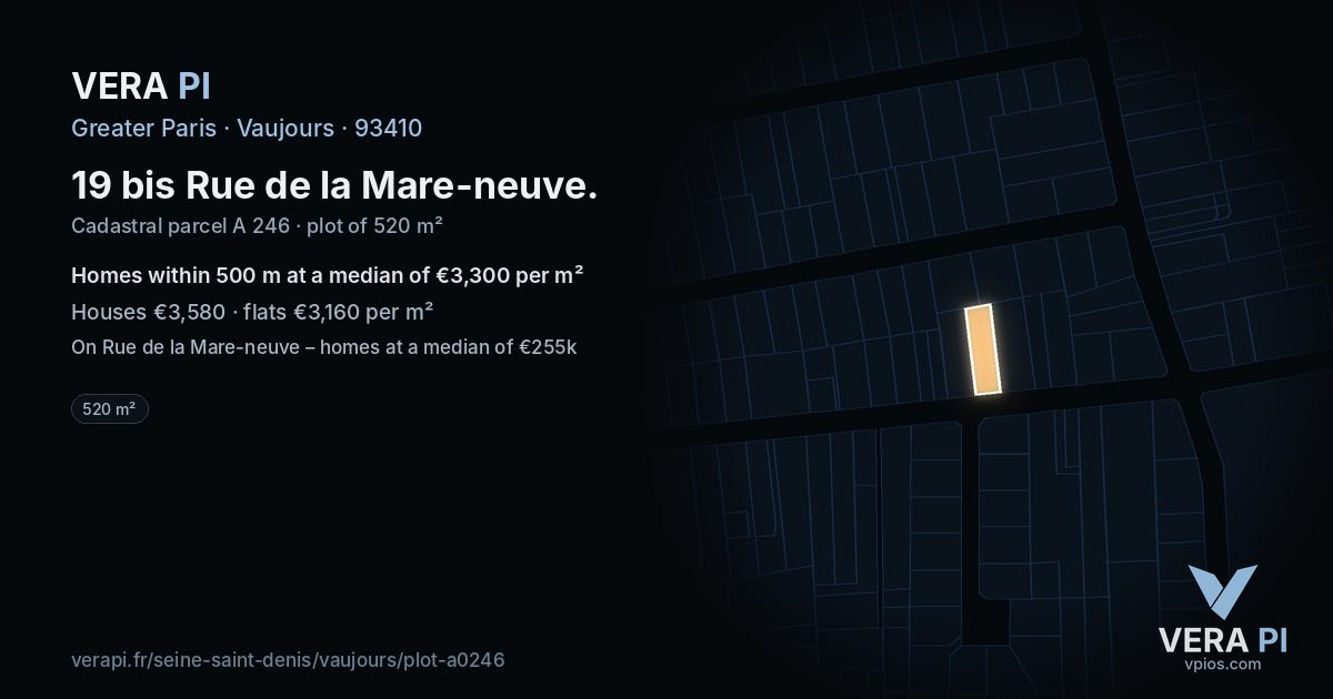 19 bis Rue de la Mare-neuve, Vaujours at night – the plot lit, the parcels around coloured by the prices near them