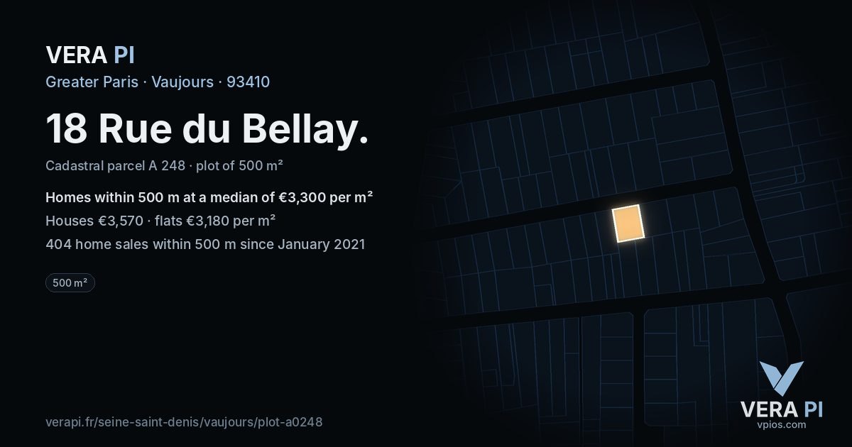 18 Rue du Bellay, Vaujours at night – the plot lit, the parcels around coloured by the prices near them