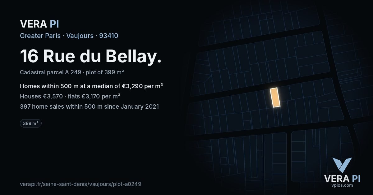 16 Rue du Bellay, Vaujours at night – the plot lit, the parcels around coloured by the prices near them
