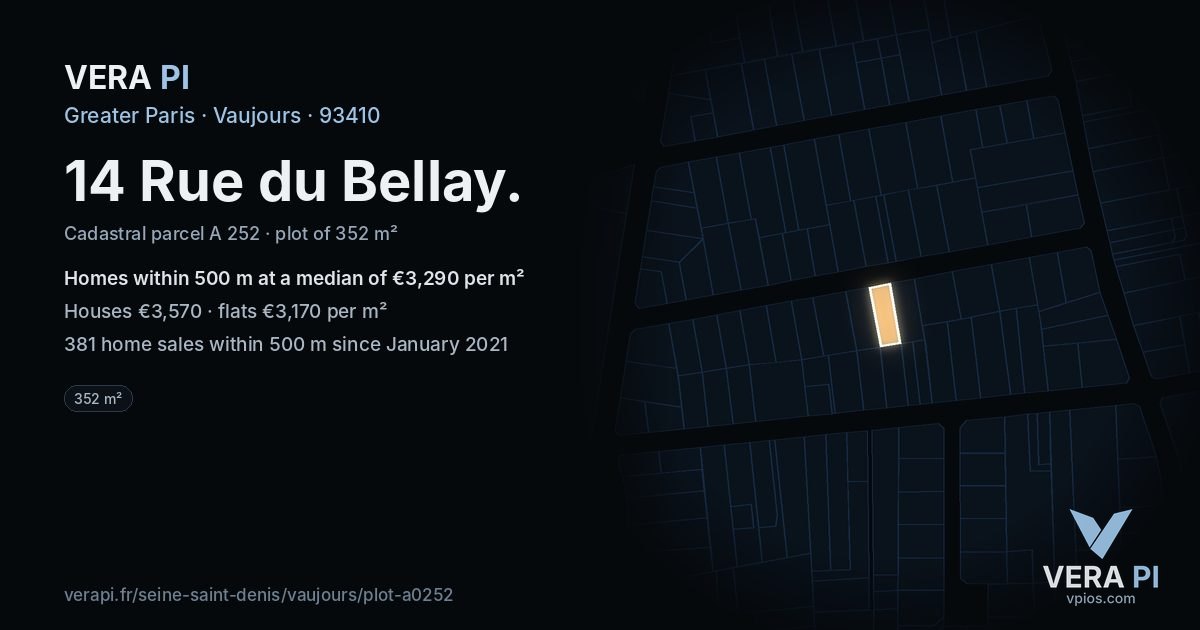 14 Rue du Bellay, Vaujours at night – the plot lit, the parcels around coloured by the prices near them