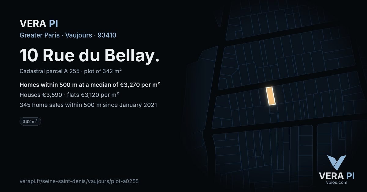 10 Rue du Bellay, Vaujours at night – the plot lit, the parcels around coloured by the prices near them