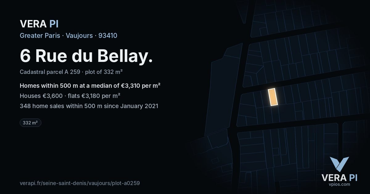 6 Rue du Bellay, Vaujours at night – the plot lit, the parcels around coloured by the prices near them
