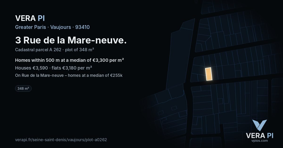 3 Rue de la Mare-neuve, Vaujours at night – the plot lit, the parcels around coloured by the prices near them