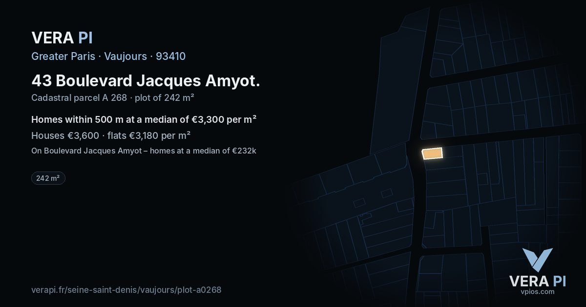 43 Boulevard Jacques Amyot, Vaujours at night – the plot lit, the parcels around coloured by the prices near them