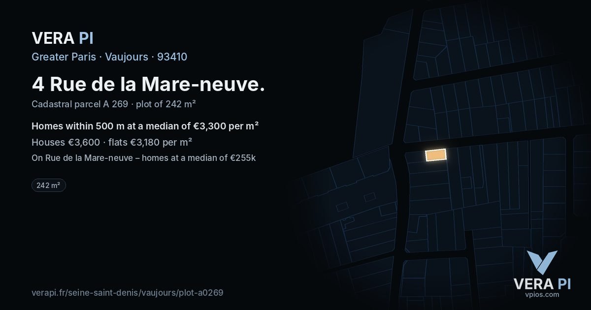 4 Rue de la Mare-neuve, Vaujours at night – the plot lit, the parcels around coloured by the prices near them