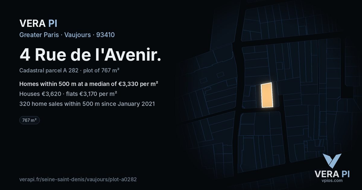 4 Rue de l'Avenir, Vaujours at night – the plot lit, the parcels around coloured by the prices near them