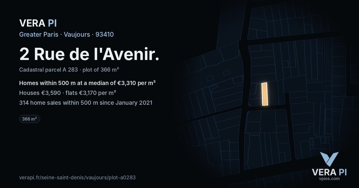 2 Rue de l'Avenir, Vaujours at night – the plot lit, the parcels around coloured by the prices near them
