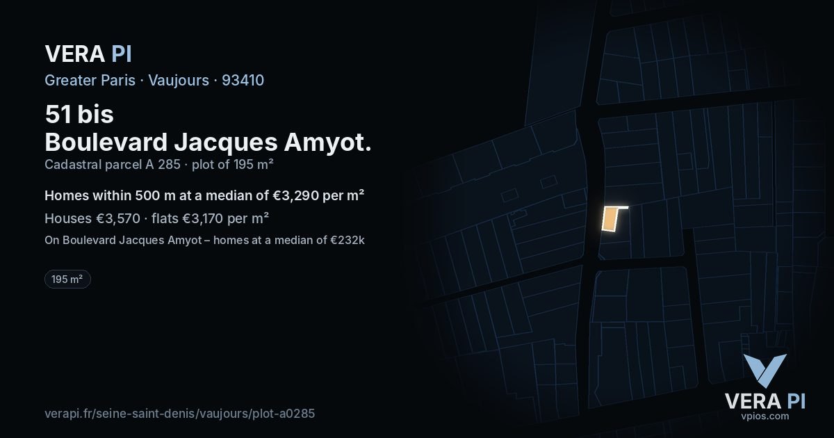 51 bis Boulevard Jacques Amyot, Vaujours at night – the plot lit, the parcels around coloured by the prices near them