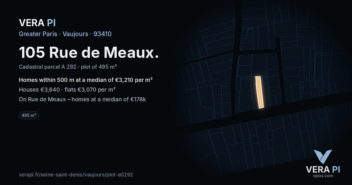 105 Rue de Meaux, Vaujours at night – the plot lit, the parcels around coloured by the prices near them