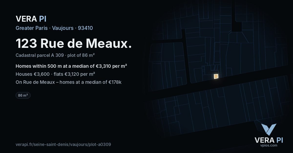 123 Rue de Meaux, Vaujours at night – the plot lit, the parcels around coloured by the prices near them