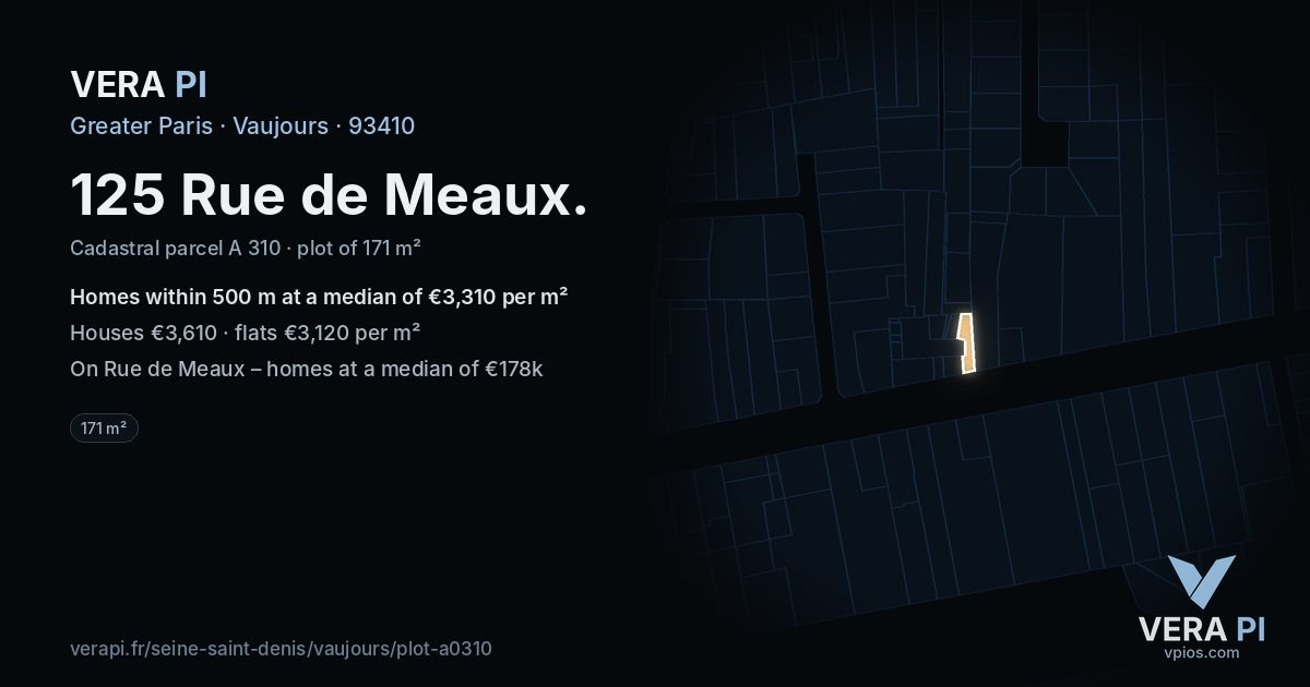 125 Rue de Meaux, Vaujours at night – the plot lit, the parcels around coloured by the prices near them