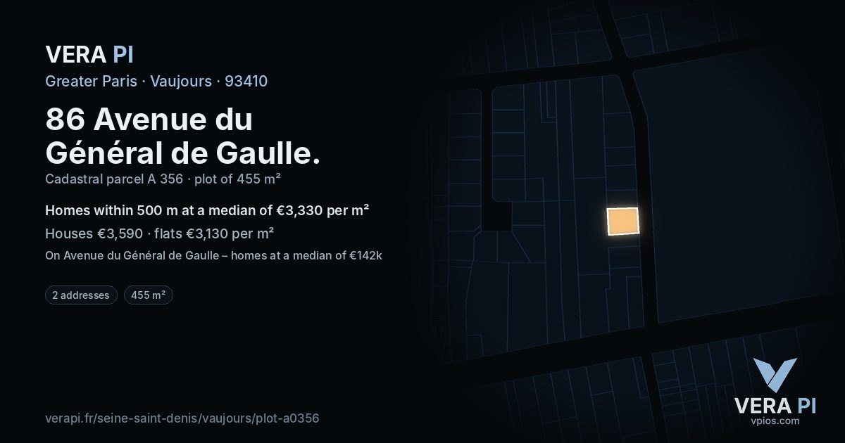 86 Avenue du Général de Gaulle, Vaujours at night – the plot lit, the parcels around coloured by the prices near them