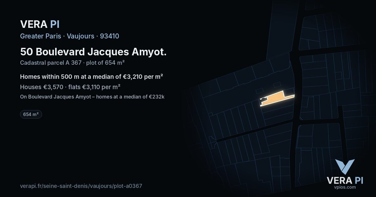 50 Boulevard Jacques Amyot, Vaujours at night – the plot lit, the parcels around coloured by the prices near them