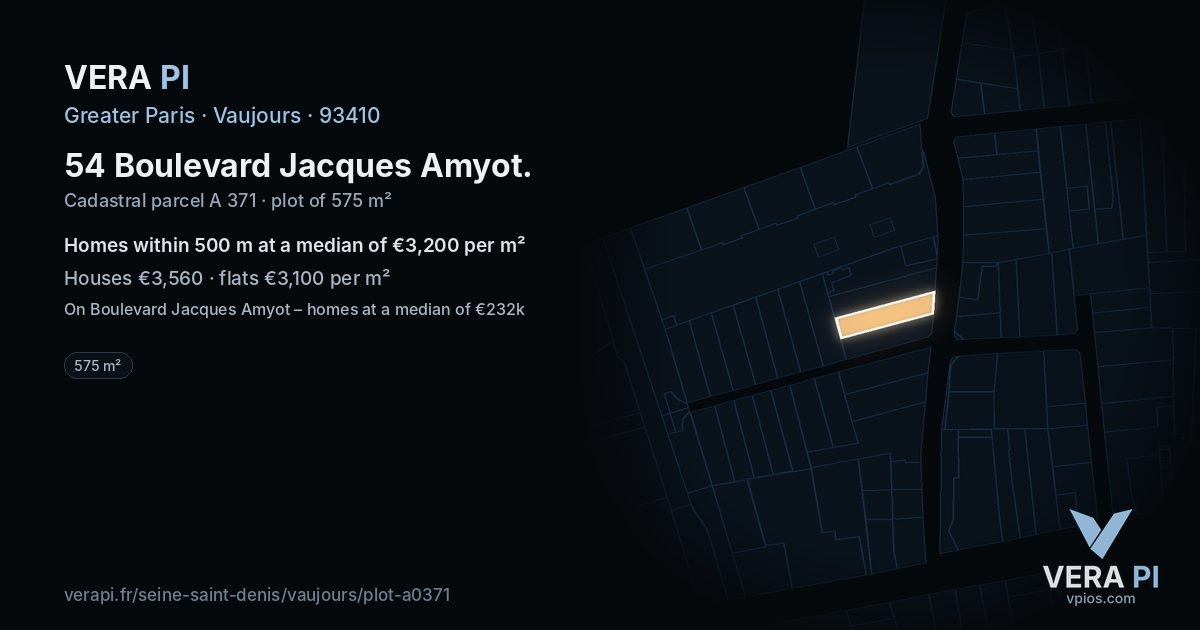 54 Boulevard Jacques Amyot, Vaujours at night – the plot lit, the parcels around coloured by the prices near them