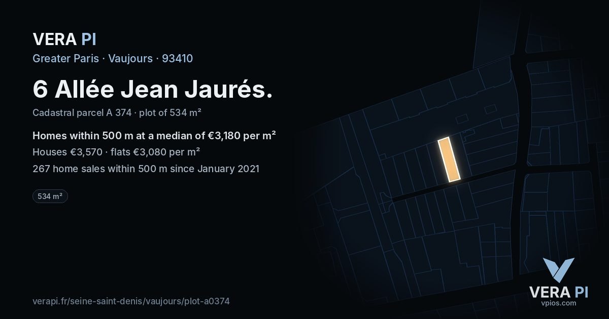 6 Allée Jean Jaurés, Vaujours at night – the plot lit, the parcels around coloured by the prices near them