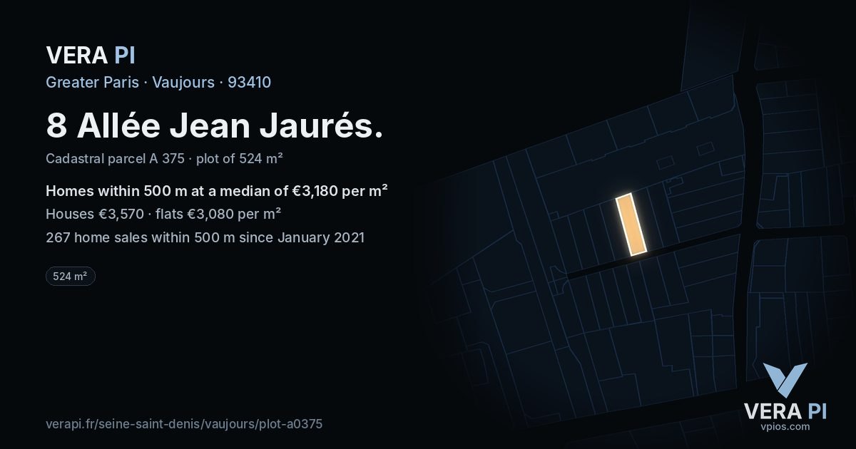 8 Allée Jean Jaurés, Vaujours at night – the plot lit, the parcels around coloured by the prices near them