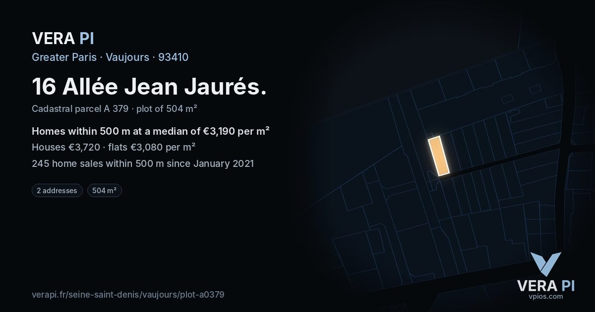 16 Allée Jean Jaurés, Vaujours at night – the plot lit, the parcels around coloured by the prices near them