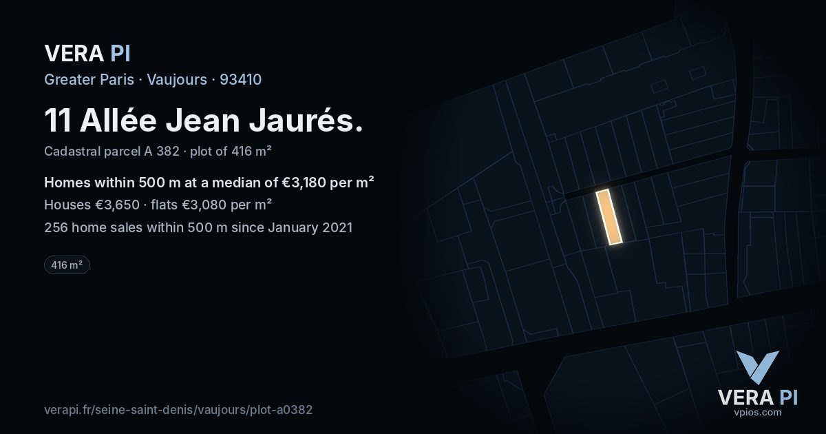 11 Allée Jean Jaurés, Vaujours at night – the plot lit, the parcels around coloured by the prices near them