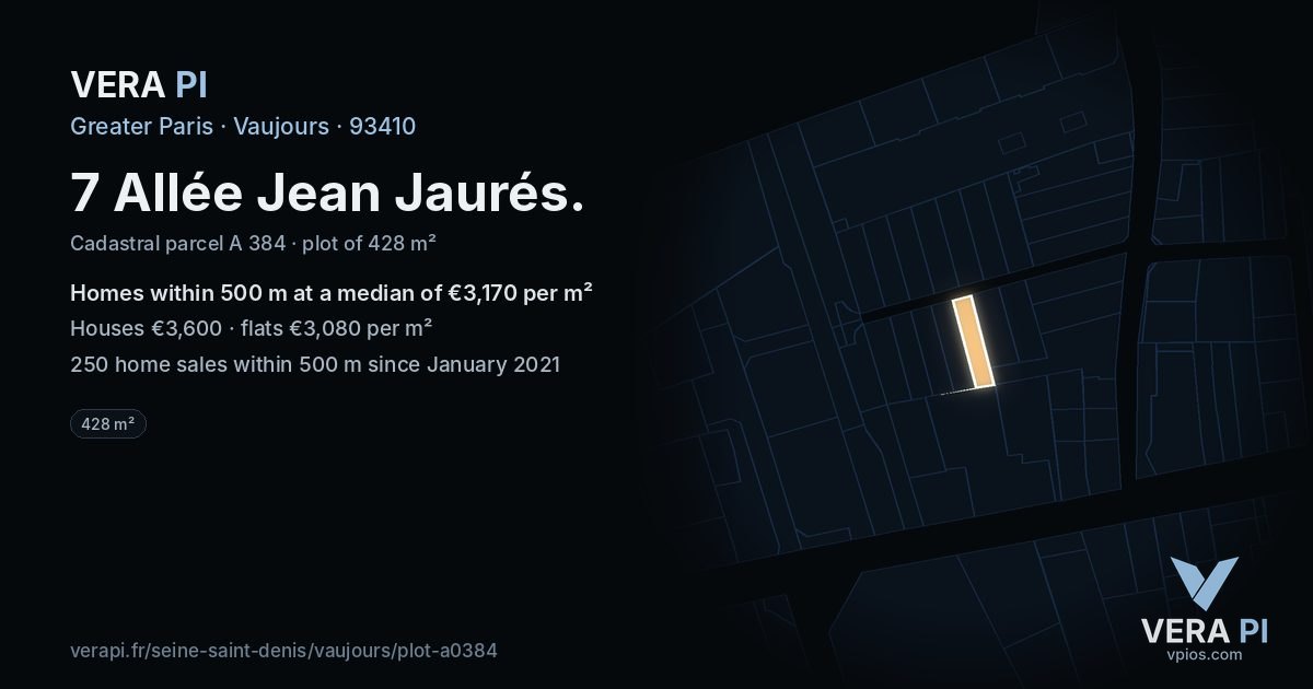 7 Allée Jean Jaurés, Vaujours at night – the plot lit, the parcels around coloured by the prices near them