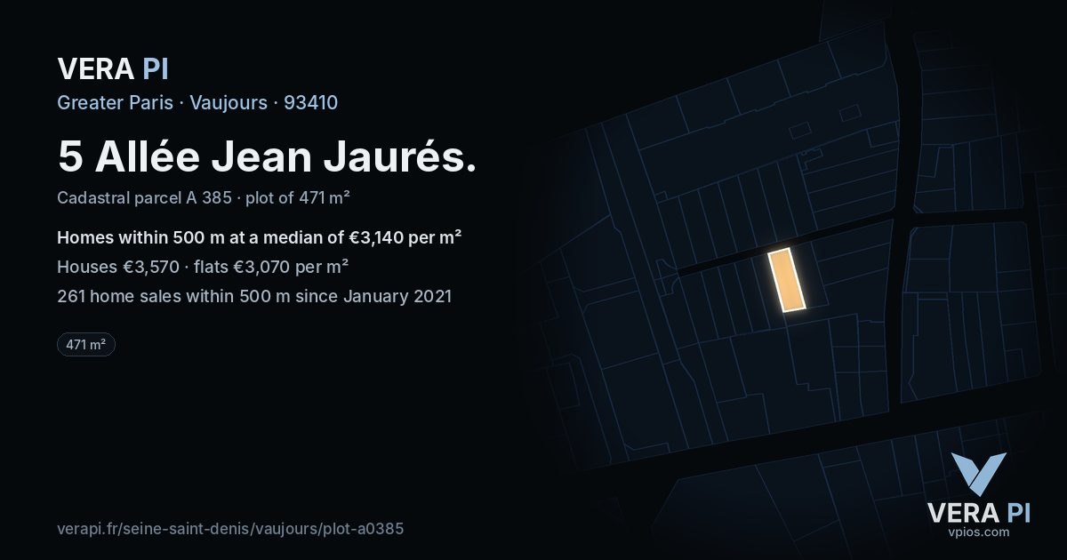 5 Allée Jean Jaurés, Vaujours at night – the plot lit, the parcels around coloured by the prices near them
