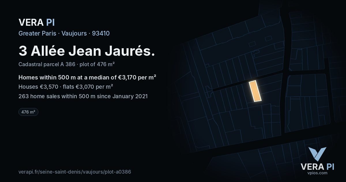 3 Allée Jean Jaurés, Vaujours at night – the plot lit, the parcels around coloured by the prices near them