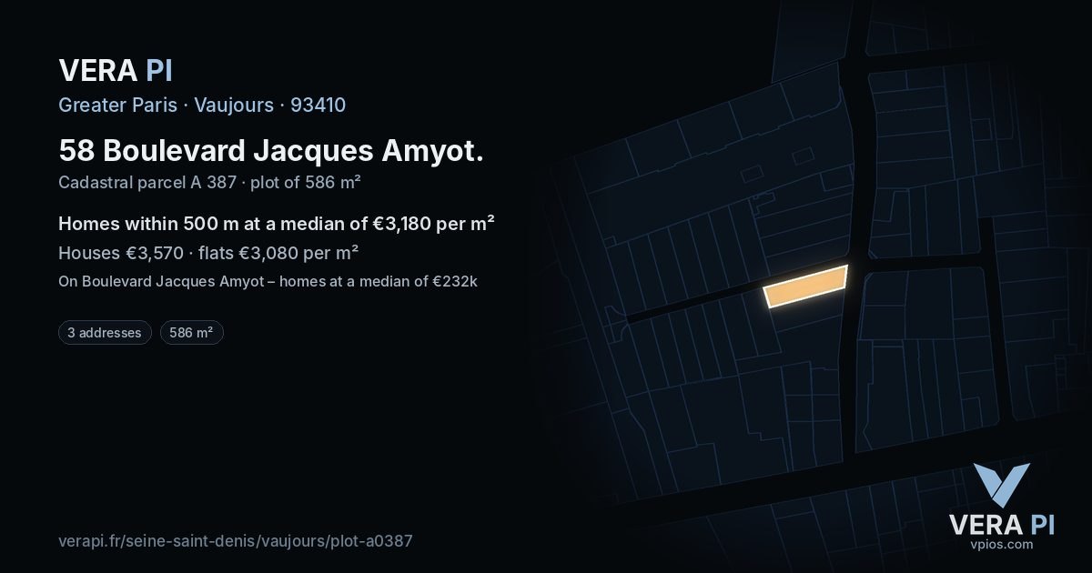 58 Boulevard Jacques Amyot, Vaujours at night – the plot lit, the parcels around coloured by the prices near them
