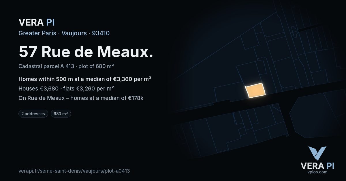 57 Rue de Meaux, Vaujours at night – the plot lit, the parcels around coloured by the prices near them