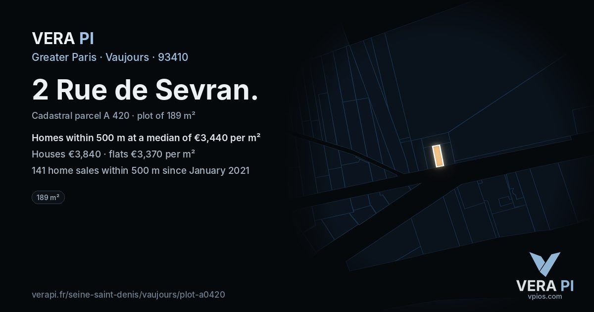 2 Rue de Sevran, Vaujours at night – the plot lit, the parcels around coloured by the prices near them