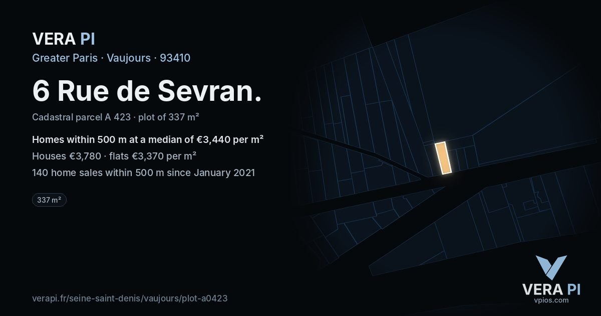 6 Rue de Sevran, Vaujours at night – the plot lit, the parcels around coloured by the prices near them