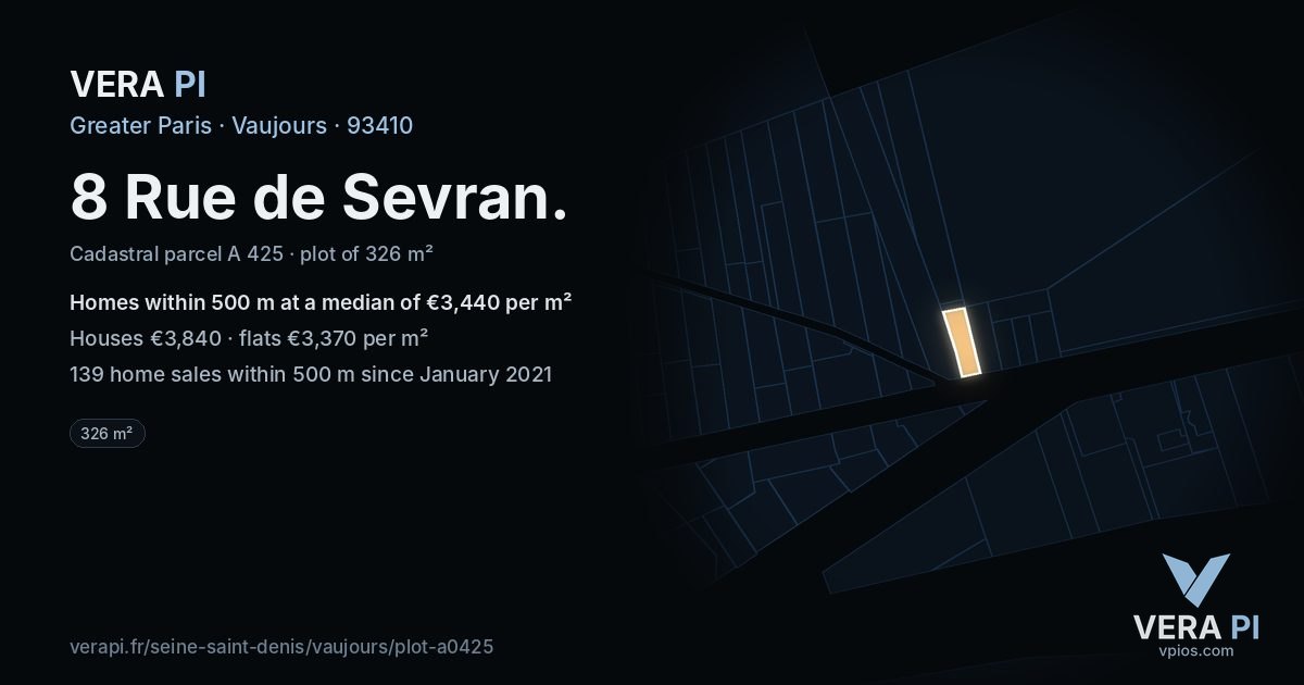 8 Rue de Sevran, Vaujours at night – the plot lit, the parcels around coloured by the prices near them